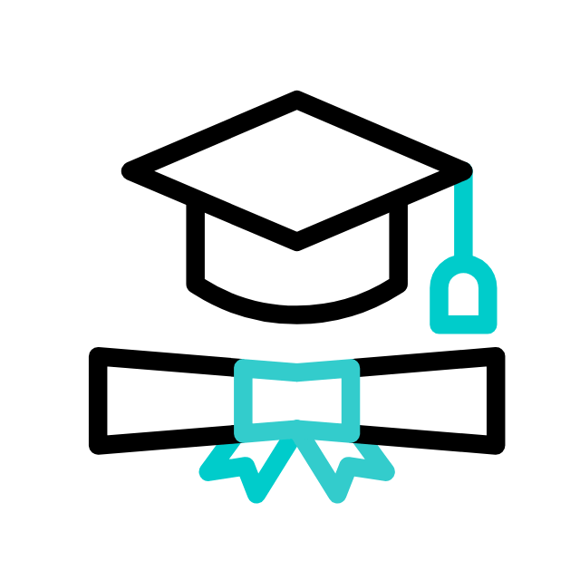 Icon of a black graduation cap with a tassel above a diploma with a teal ribbon, symbolizing academic achievement and the opportunity to study MBBS abroad.