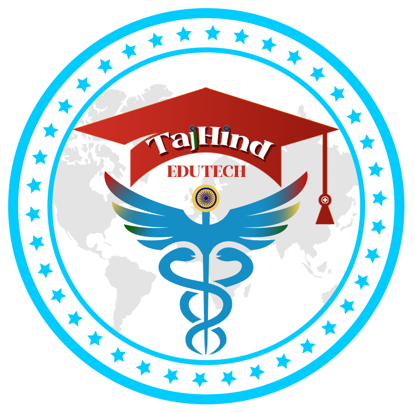 Logo featuring a stylized earth with a red banner reading Tajhind Edutech Pvt Ltd and a caduceus symbol, surrounded by a circular frame with stars on a blue background.