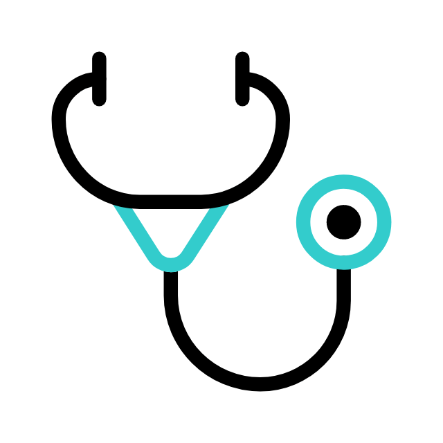A simple, flat design icon of a stethoscope with a turquoise accent on the diaphragm and black tubing, representing MBBS studies abroad.