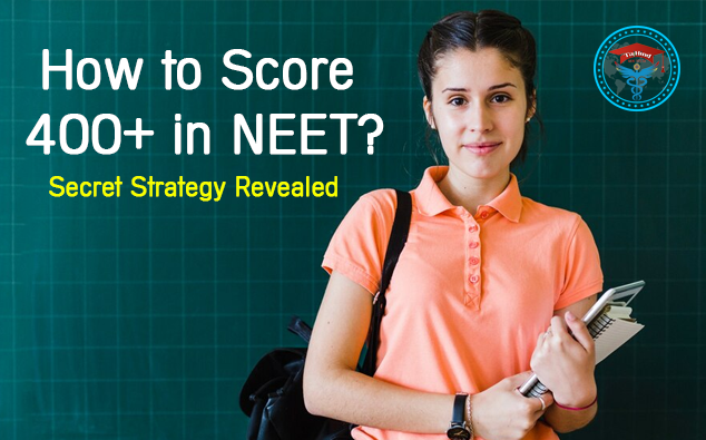 Young woman with books in front of a chalkboard, featuring text how to score 400+ in NEET? Secret strategy revealed by Tajhind Edutech Pvt Ltd with a logo in
