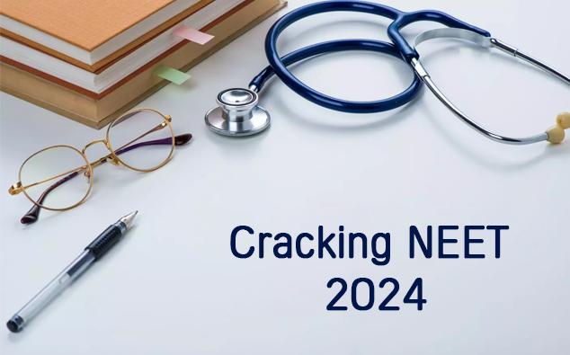 Books stacked with bookmarks, a stethoscope, glasses, and a pen on a white surface, with text Cracking NEET 2024 presented by Tajhind Edutech Pvt Ltd