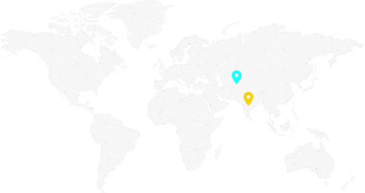 A world map in white with thin black outlines, featuring two location markers: a blue marker in europe and a yellow marker in south america.