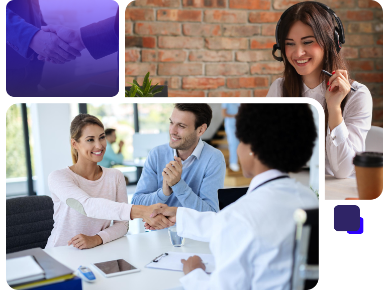 A collage of three office scenes: on the left, two professionals shaking hands, and on the right, a smiling female call center agent with headphones promoting MBBS in Tajikistan,  and on the bottom mid,  two people shaking hands across a table in an office, smiling at each other, with a third person observing